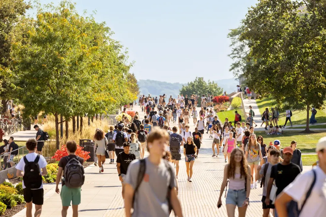 People walking on campus.